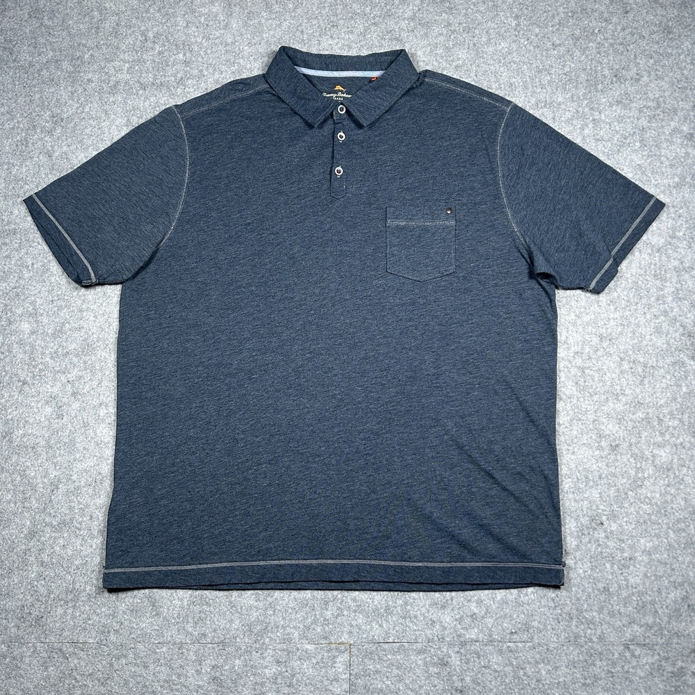 Tommy Bahama Polo Shirt‎ Men's Medium Solid Navy Blue Cotton Polyester Pocket